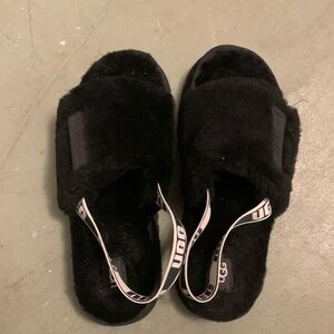 Fuzzy Black Platform Ugg Slippers With A Back Heel Strap